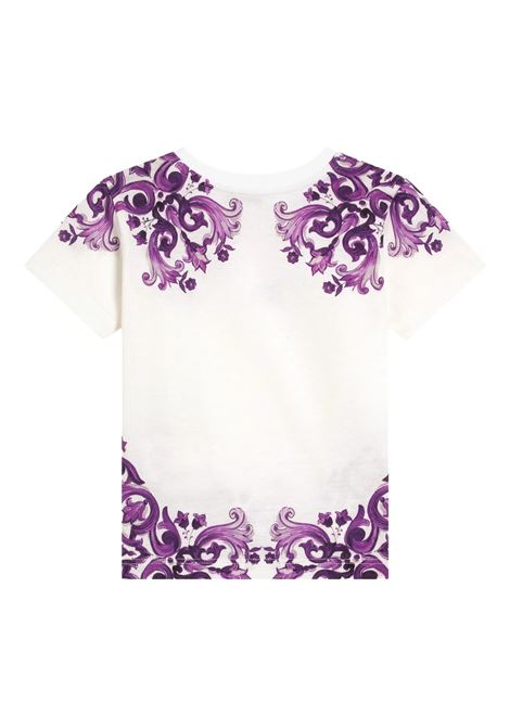White DG T-Shirt with Purple Maiolica Print DOLCE & GABBANA KIDS | L2JTKT-II7H3I23TN